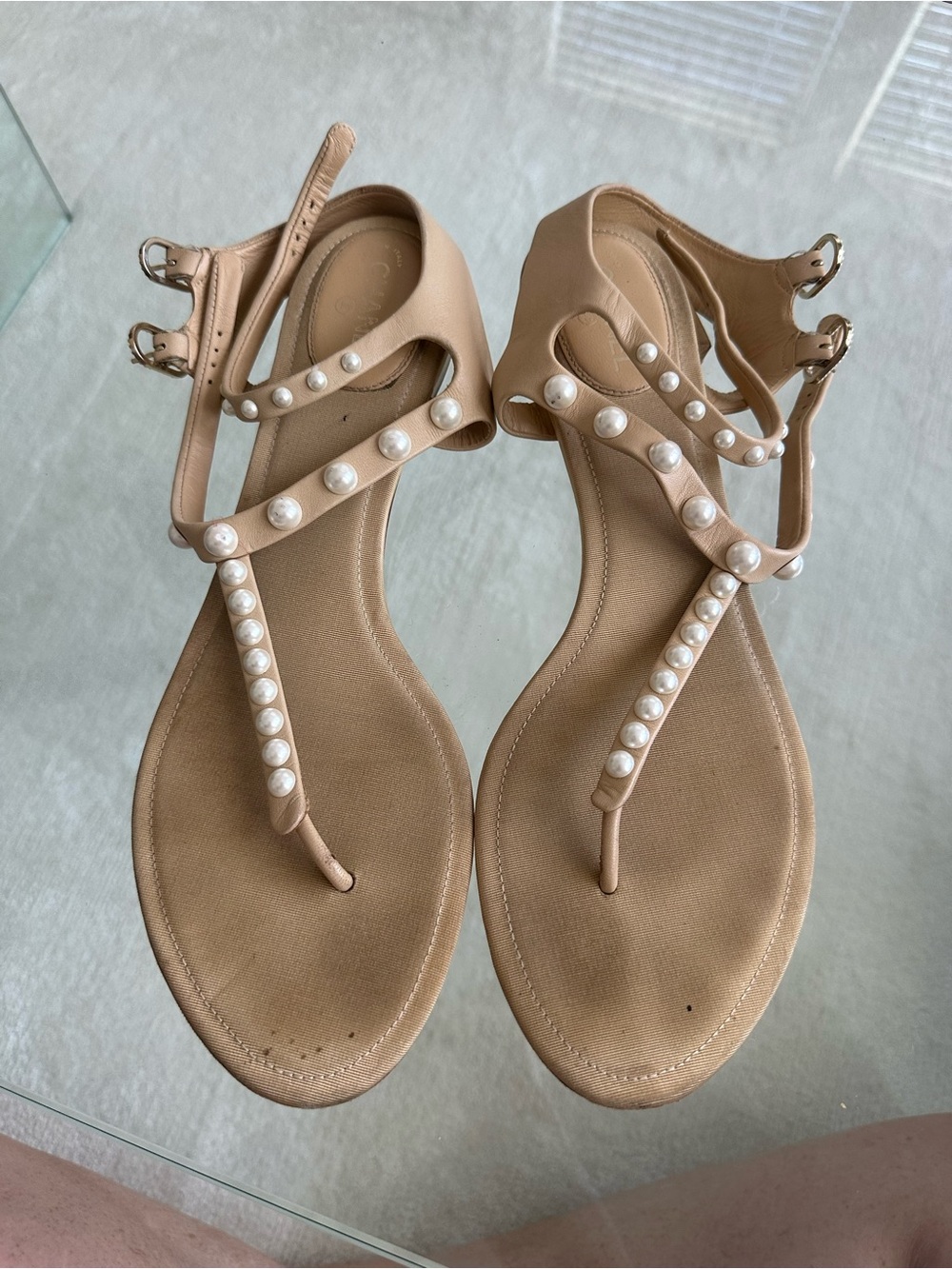 CHANEL Pearl-Trim Interlocking CC Logo T-Strap Sandals